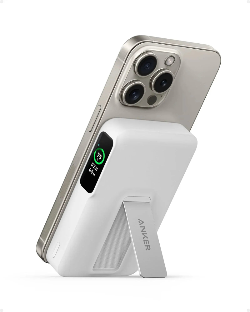 Power Bank Anker MagGo de 10,000 mAh en color blanco, con carga inalámbrica de 15W y certificación Qi2. Diseñado para ofrecer energía rápida, segura y eficiente en cualquier momento.