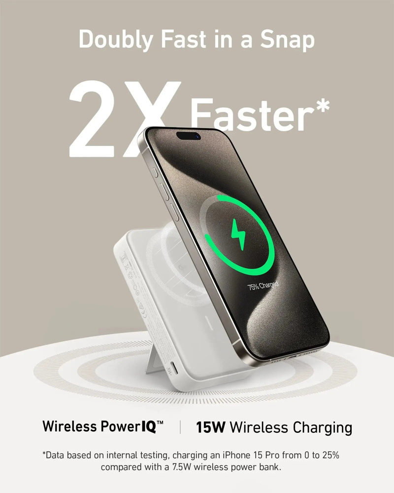 Power Bank Anker MagGo de 10,000 mAh en color blanco, con carga inalámbrica de 15W y certificación Qi2. Diseñado para ofrecer energía rápida, segura y eficiente en cualquier momento.