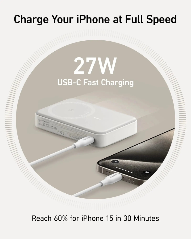 Power Bank Anker MagGo de 10,000 mAh en color blanco, con carga inalámbrica de 15W y certificación Qi2. Diseñado para ofrecer energía rápida, segura y eficiente en cualquier momento.