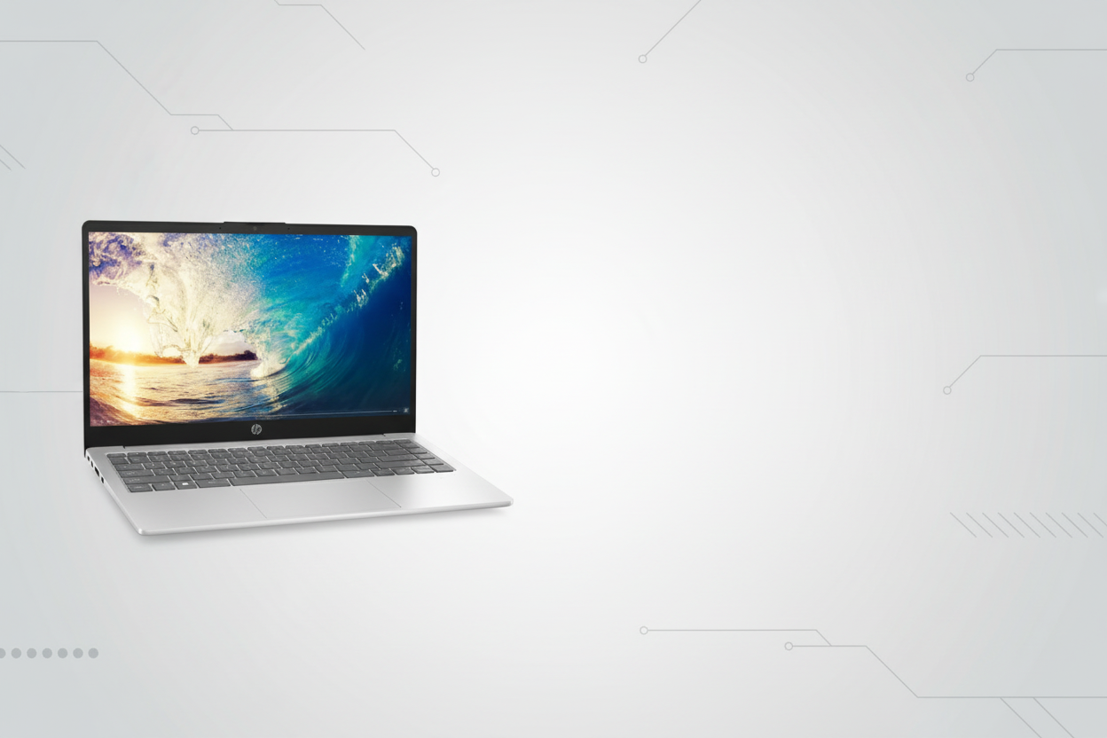 Banner de laptop HP con fondo gris claro