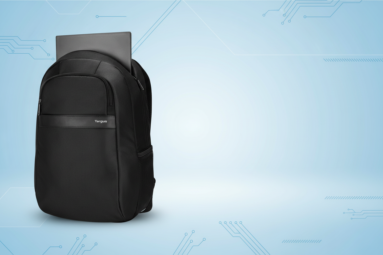 Banner de mochila Targus con fondo celeste