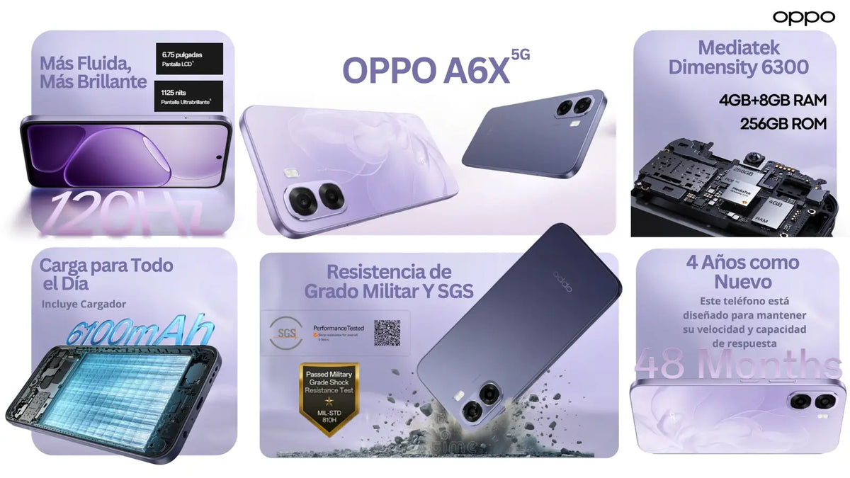 Celular OPPO A6x 5G Gris 4GB RAM + 256GB | Pantalla 120Hz, Batería 5,100 mAh, 5G Dual SIM Liberado